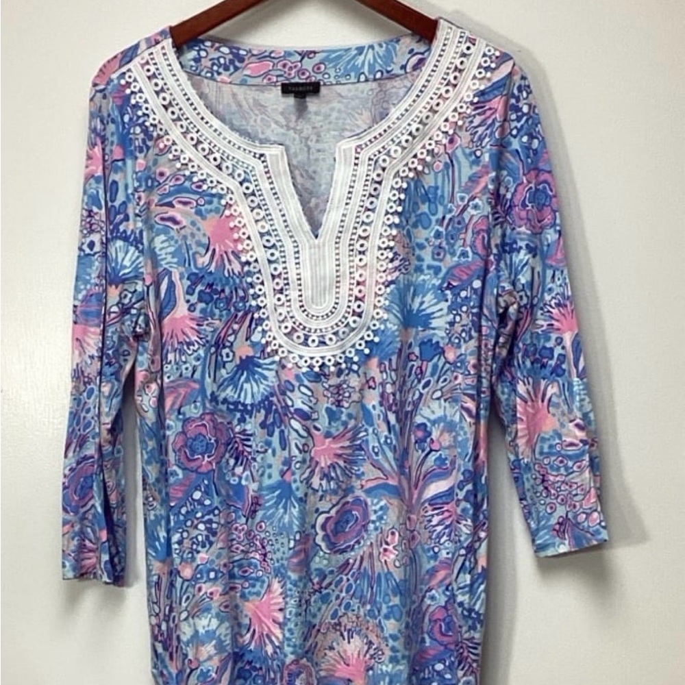 Talbots Blue Pink White Floral Tunic with Embroidered Yoke